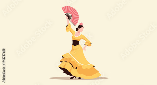 Elegant flamenco dancer in yellow dress with red fan on cream background