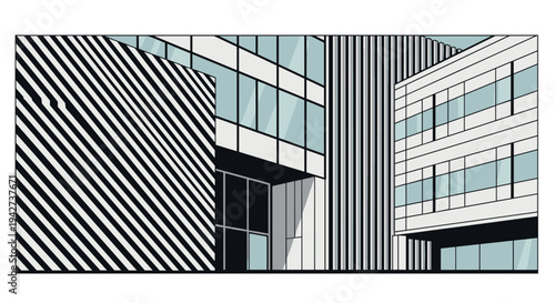 Modern geometric architecture in black and white line art style