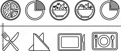 Minimalist black and white line icons featuring healthy food portions, salad bowls, pie charts, cutlery, napkins, and place settings for nutrition and restaurant design.