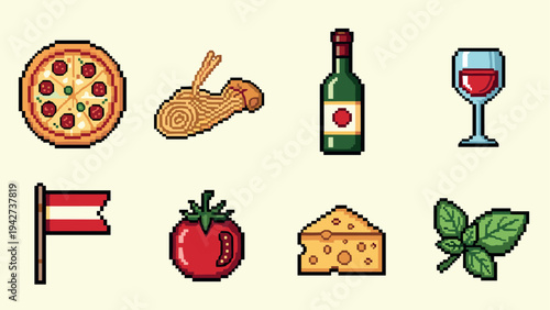 Retro pixel art icons of italian cuisine and culture