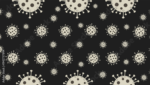 Seamless pattern of various sized beige virus particles with pockmarked surfaces scattered on a solid dark black background.
