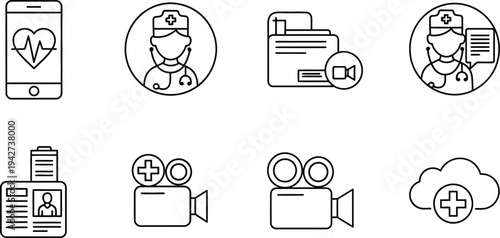 Online Telehealth Services and Remote Medical Consultation Icon Set