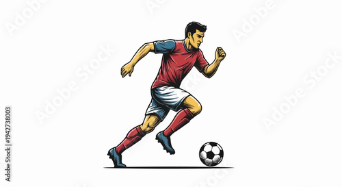 Athletic man dribbling a soccer ball with determined focus, mid-run