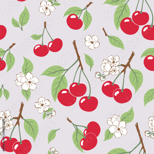 Cherry Blossom Seamless Pattern Vector with Leaves and Flowers