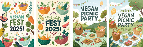 Colorful illustrations showcasing vegan fest and picnic party themes for 2025.
