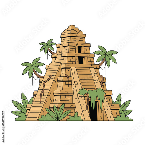 Ancient Mayan Pyramid Temple in Lush Jungle Setting.