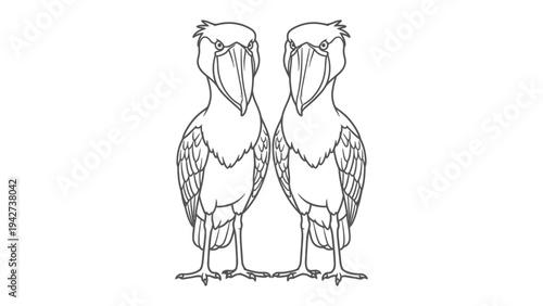 Shoebill Stork Illustration: A detailed black and white illustration of two unique Shoebill Storks, showcasing the intricate detail of their distinctive features.