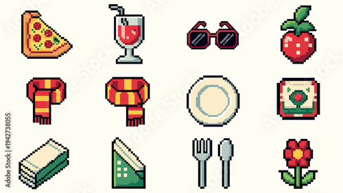 Retro 8-bit icon set: food, fashion, and nature in pixel art style