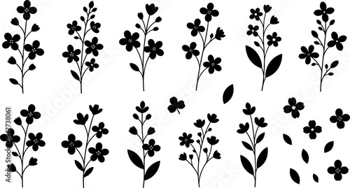 Collection of floral branch silhouettes featuring delicate wildflowers leaves and botanical elements for elegant garden designs flat vector illustration