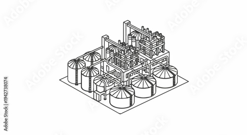 An isometric line drawing of an industrial complex with storage tanks and processing units