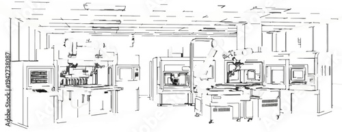 Automated manufacturing workshop with robotic arms and control panels