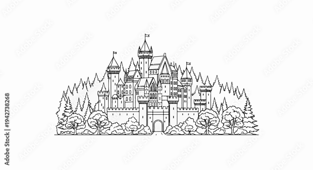 Obraz premium An intricately drawn black and white castle illustration with surrounding trees