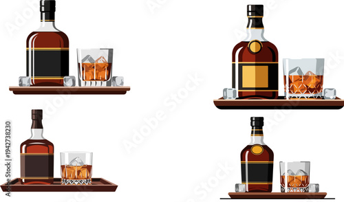 Set of 4 Vector Illustrations: Premium Brown Whiskey Bottles and Glasses with Ice Cubes on Wooden Trays, Perfect for Bar Menus or Drink Promotions
