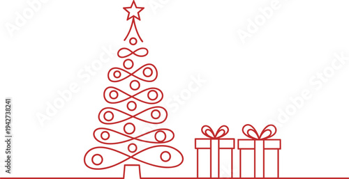 Minimalist red line art illustration featuring a decorative Christmas tree with star topper and two gift boxes for holiday celebrations and winter greeting cards.