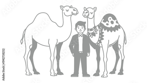 Man with Camels: A man stands confidently between two majestic camels, exuding a sense of companionship and admiration for these iconic desert creatures. 