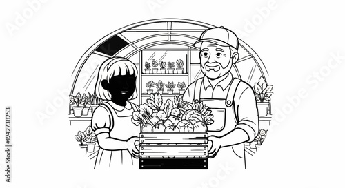 An old farmer and a young girl hold a basket of fresh vegetables