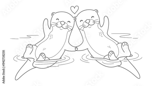 Otter Love in Harmony: Two adorable otters float together in the water, their paws intertwined, with a lovely heart hovering between them, creating a scene of warmth, affection, and tenderness.