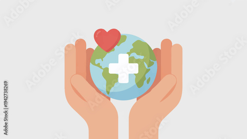 Hands holding a globe with a heart and medical cross symbolizing global care and health