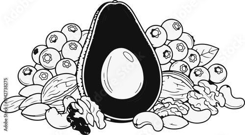 Avocado center with berries and assorted nuts surround it