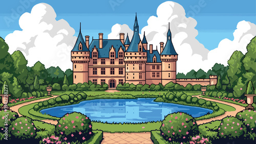 Pixel art fantasy castle with majestic garden and reflective pond