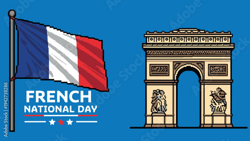 French national day celebrated with iconic symbols in retro pixel art style