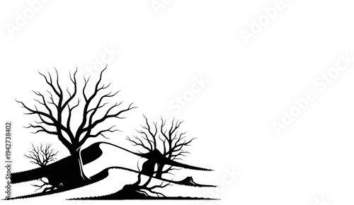 Bare trees with exposed roots on undulating ground, rendered in black and white