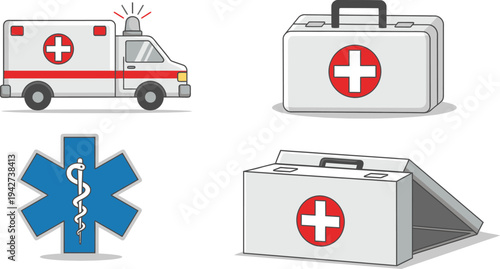 Emergency Medical Services Icons with Ambulance and First Aid Kit Set