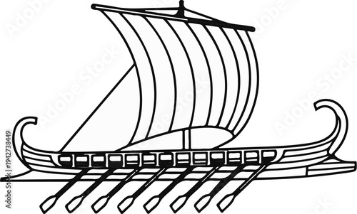 An old style galley with a single sail and multiple oarsmen