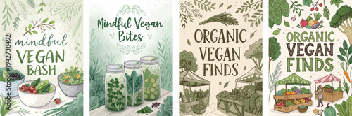 Colorful illustrations promoting mindful vegan eating and organic finds.