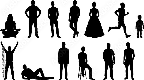 Collection of human silhouettes featuring diverse people in various poses like sitting, standing, running, meditating, and formal attire flat vector illustration