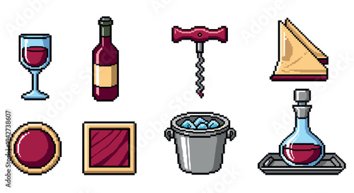 Pixel art wine set: glass, bottle, corkscrew, and accessories in retro style