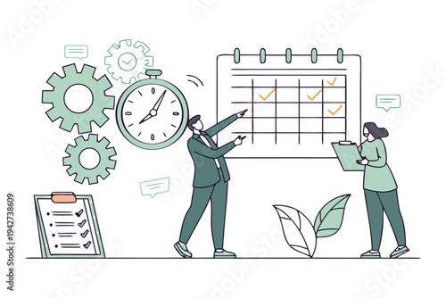 Professional business team managing time and tasks with gears,
Professional Human Resources Illustration.
clock, calendar, and checklist. 
Concept of effective planning, productivity, 
Efficiency at w