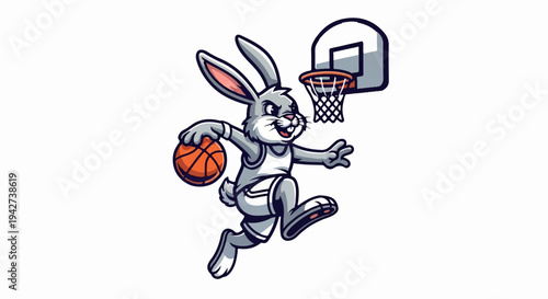 Animated rabbit in basketball gear dribbling and jumping towards hoop