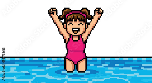 Joyful girl celebrating in pool with retro pixel art style