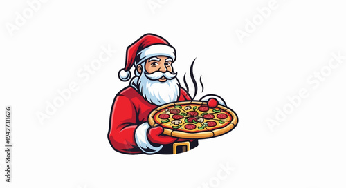 Animated Santa Claus winks while holding a hot pizza adorned with pepperoni and mushrooms