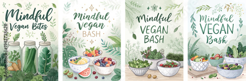 Four artistic posters showcasing 'Mindful Vegan Bash' with vibrant plant elements.