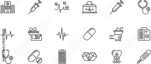 Medical Hospital Equipment Icons with Syringe Stethoscope and Medicine