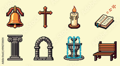 Pixel art icons: religious symbols and classic architecture