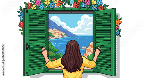 Woman enjoying coastal view through open shutters with flowers in vibrant digital art