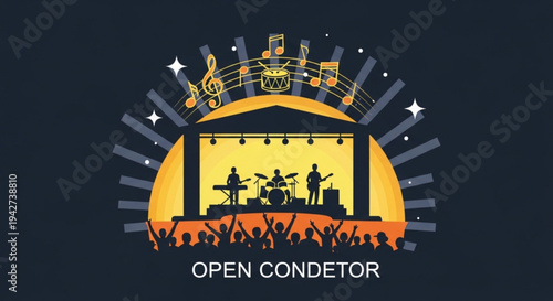 Concert stage with band performing at sunset crowd cheering music notes and stars in night sky