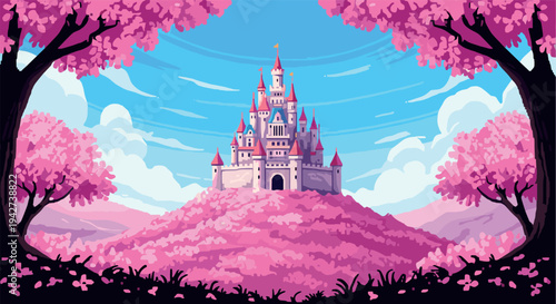 Enchanted castle in pink forest with blossoming trees and blue sky pixel art