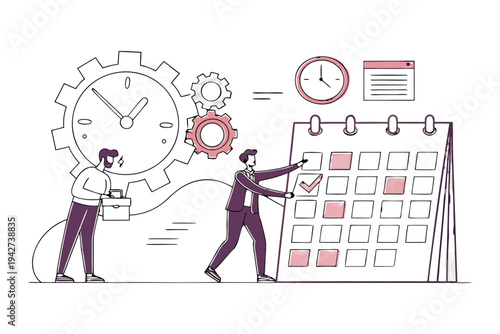 Professional business team managing time and tasks with gears,
Professional Human Resources Illustration.
clock, calendar, and checklist. 
Concept of effective planning, productivity, 
Efficiency at w
