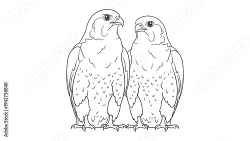 Pair of Falcons in Contemplation: Two majestic falcons, rendered in exquisite detail, stand side-by-side. Their piercing gaze and poised posture exude both strength and elegance, captured in a stark.