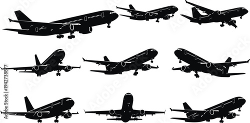 Silhouettes of commercial airplanes in multiple flight positions including takeoff, landing, and cruising, aviation illustration showcasing wings, engines, tail fins, and landing gear graphics 