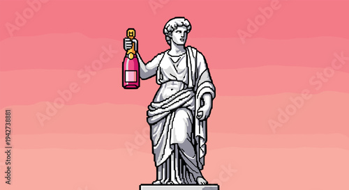 Pixel art sculpture holding champagne on gradient background