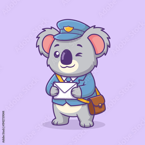 Cute and friendly koala mascot working as a postman, ready to deliver letters with enthusiasm.