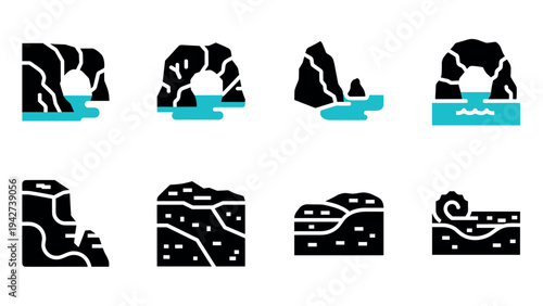 Geometric coastal cliff icons set in modern style