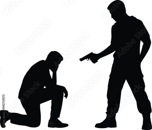 Dramatic black silhouette of a gunman pointing a pistol at a kneeling victim representing crime violence or intense cinematic confrontation,