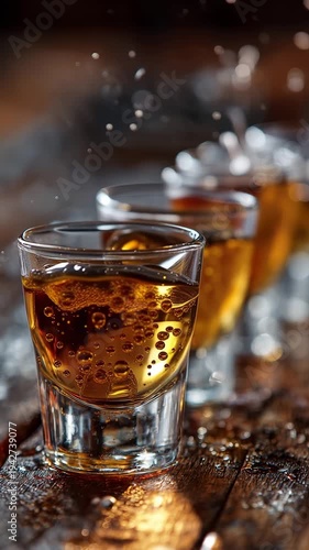 Row of golden amber liquid shots with sparkling droplets on a rustic wooden table