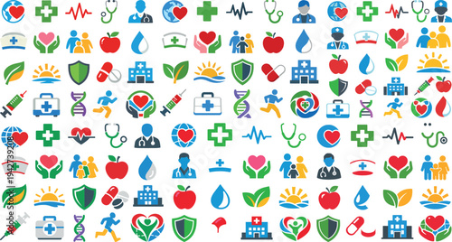 World Health Day Medical and Healthcare Icon Collection with Doctor Tools Heartbeat Wellness and Hospital Symbols Vector Set